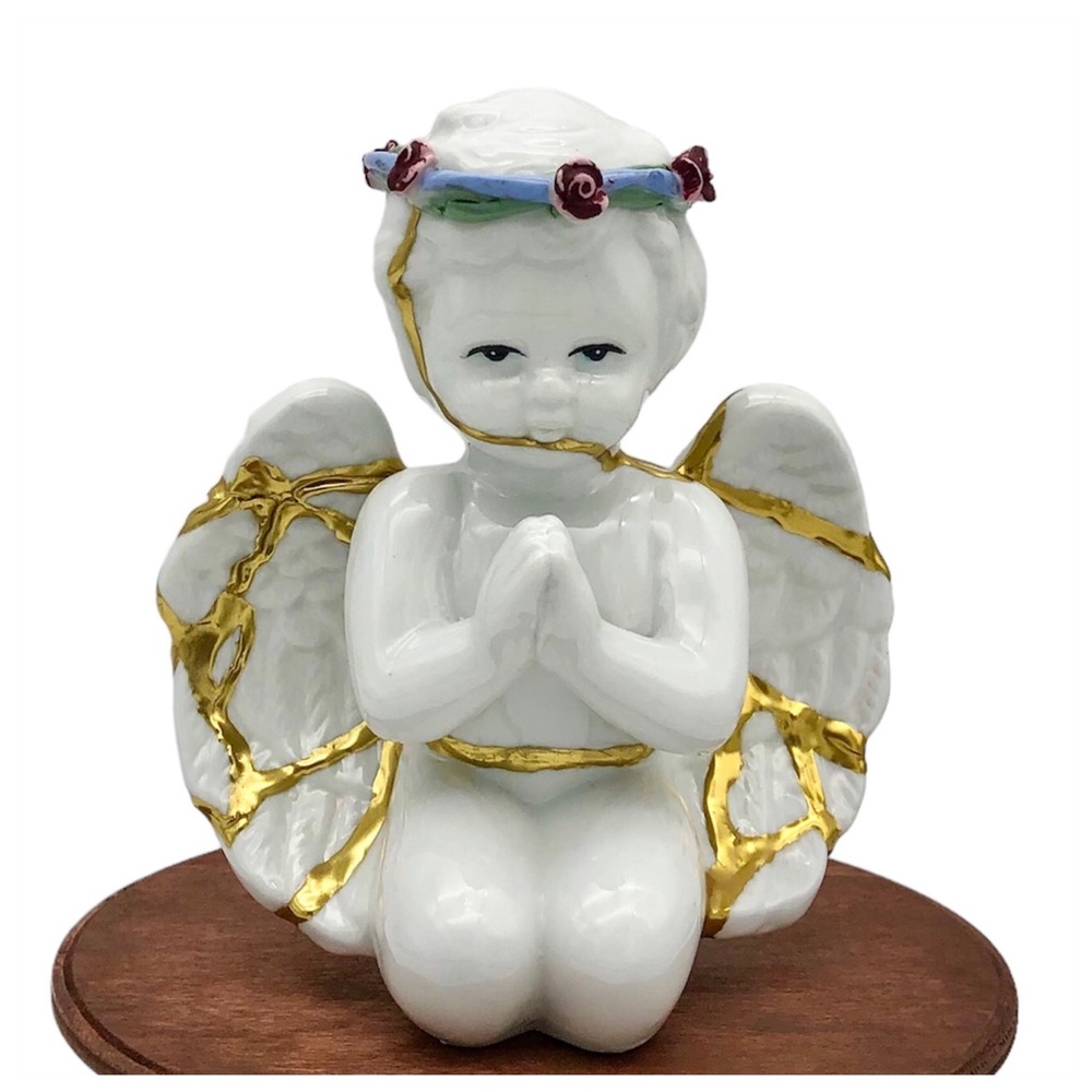 Kintsugi Angel Kneeling Praying Porcelain Cherub Gold Crack Personal Growth Gift
